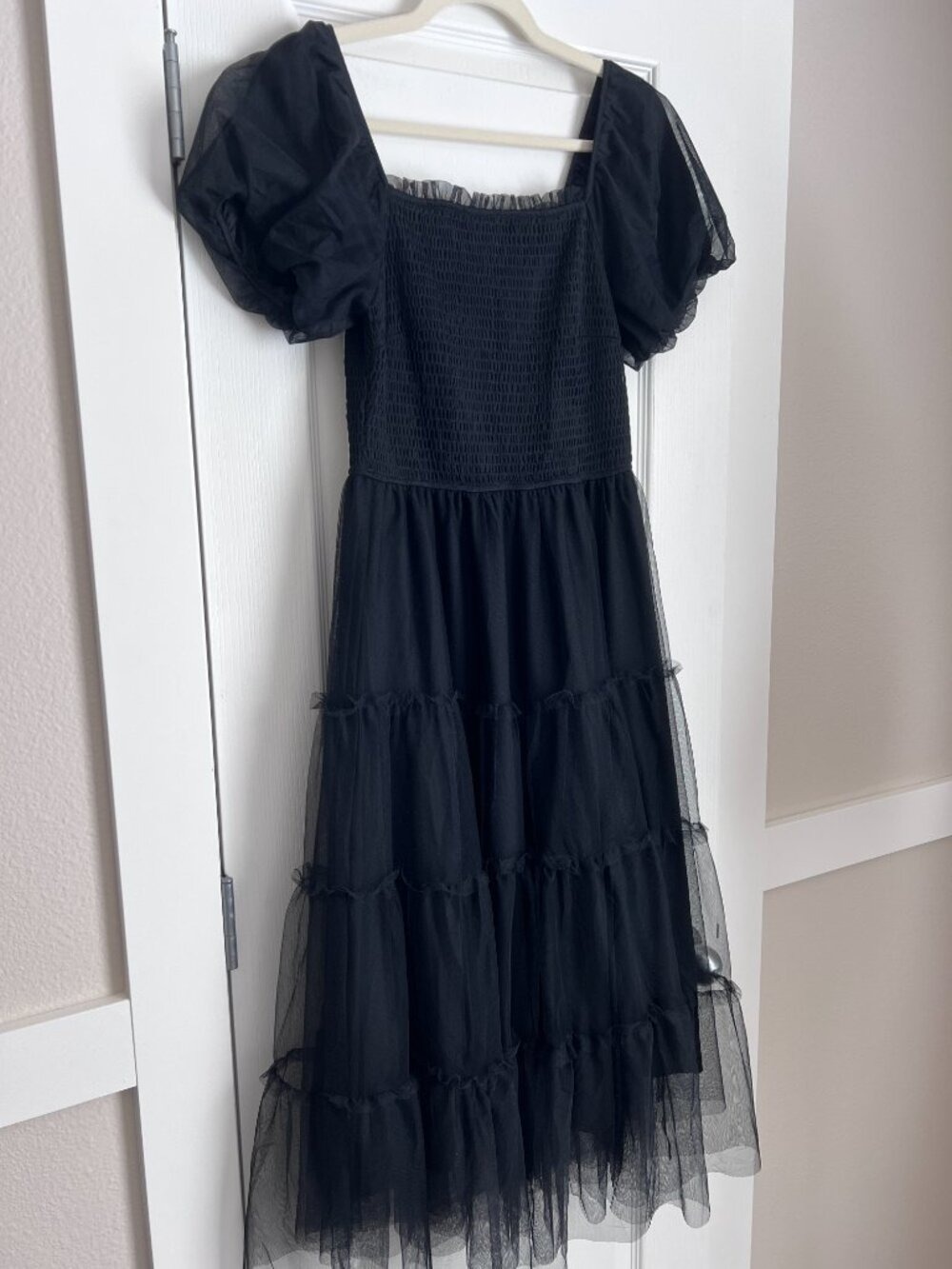 PrettyGarden Black Tulle Smocked Tiered Midi Dress - Size S - Picture 3 of 7